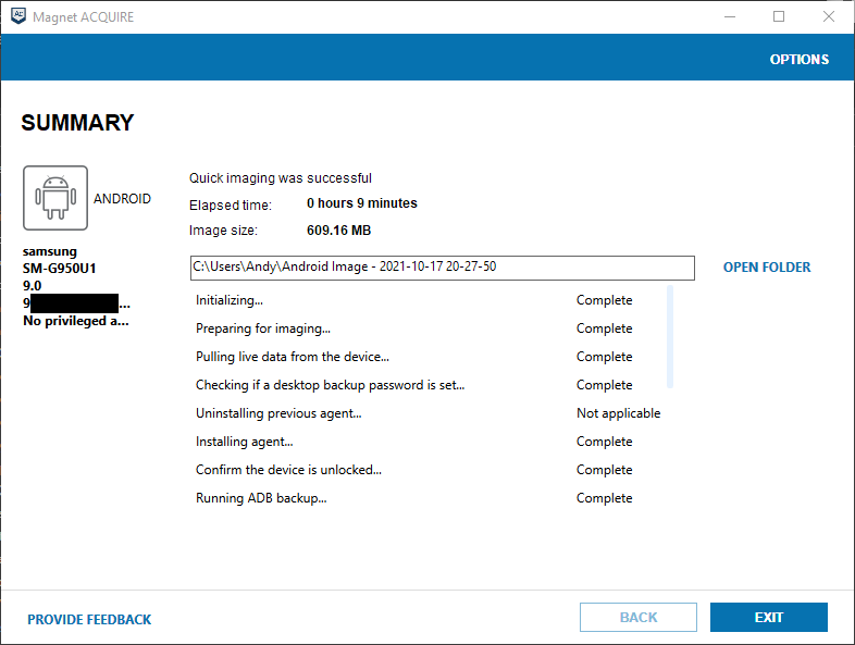 Figure 7: ACQUIRE summary screen after imaging completed